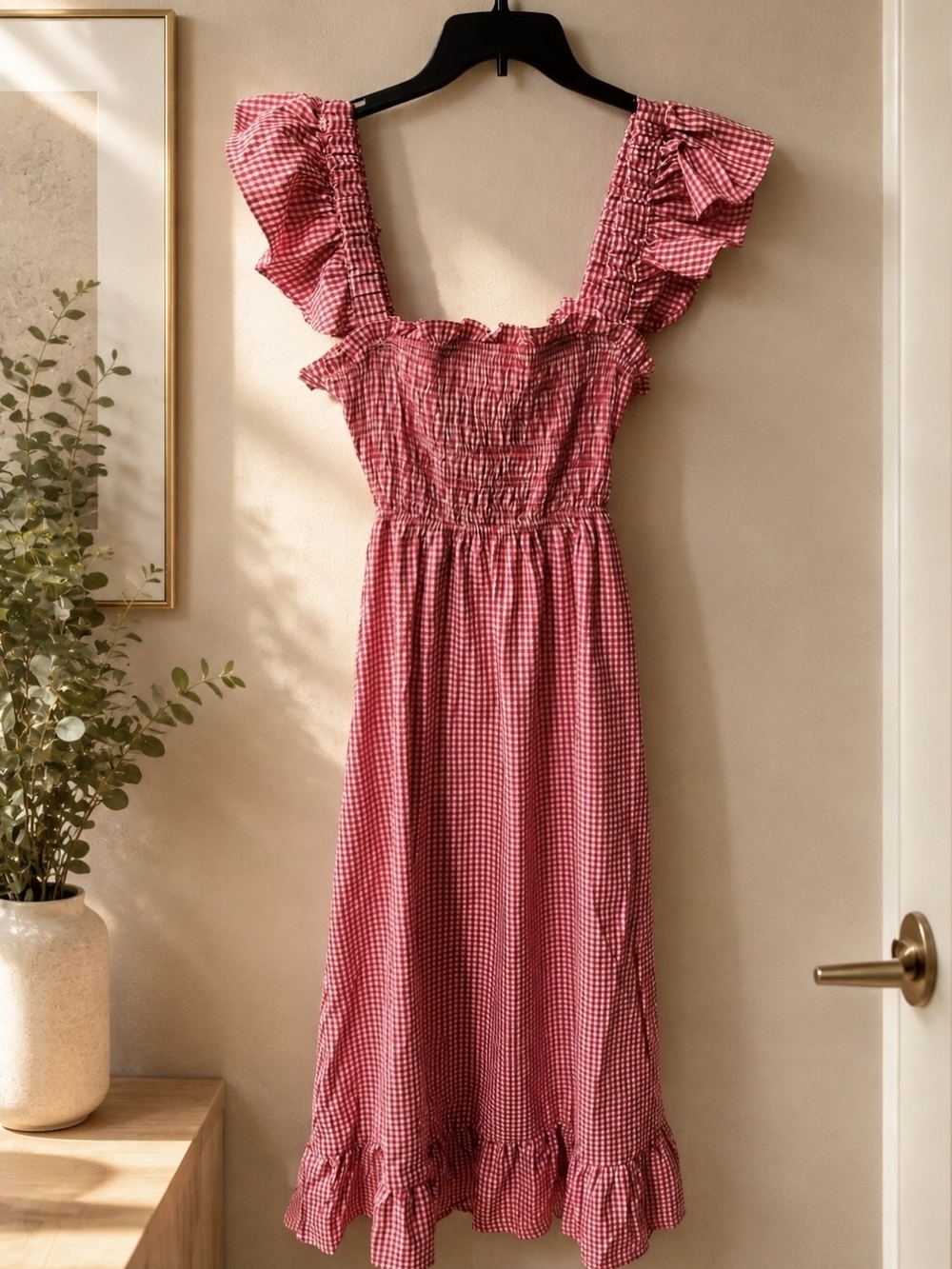 Red Gingham Ruffle Midi Dress - Women